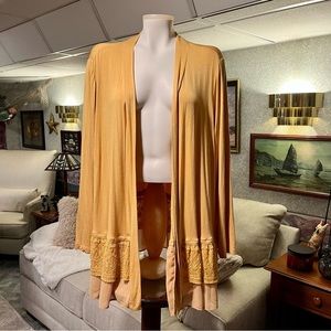 LOGO Lori Goldstein Women's 2X Open Swing Cardigan Lace Duster Maize Yellow Gold